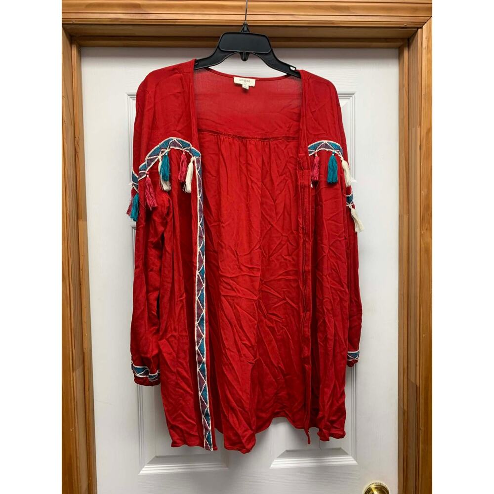 Umgee Red Boho Tassel Kimono Cardigan Size L Embroidered Trim Open Front Top